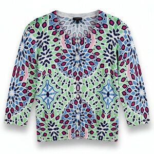 Talbots Green Geo Print Lightweight Button Front Cardigan Sweater Petite PS
